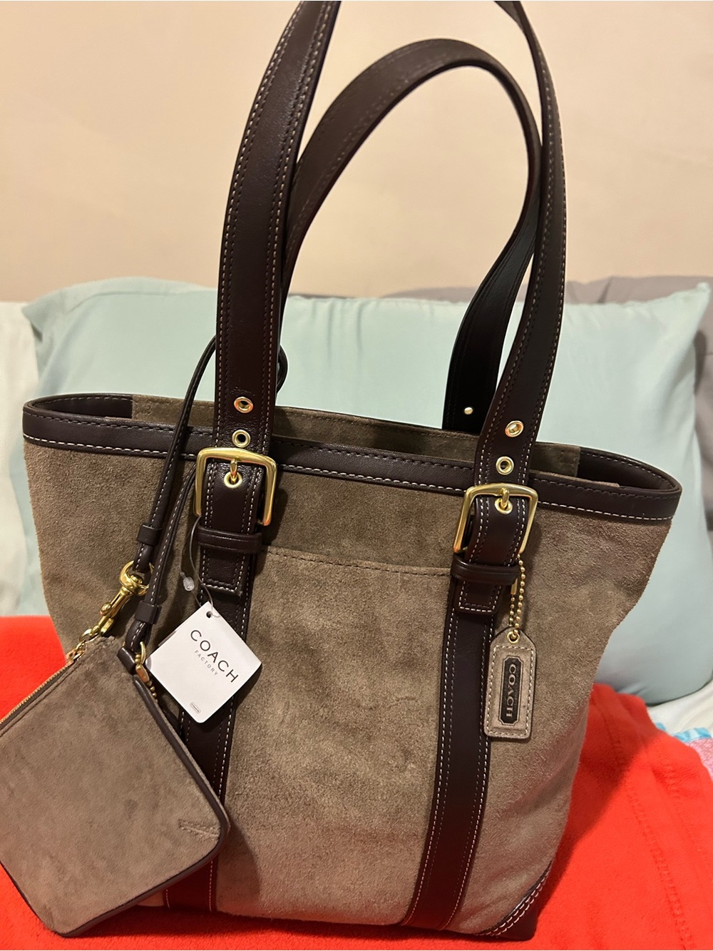 Coach Taupe Suede Tote with Dark Brown Leather Trim